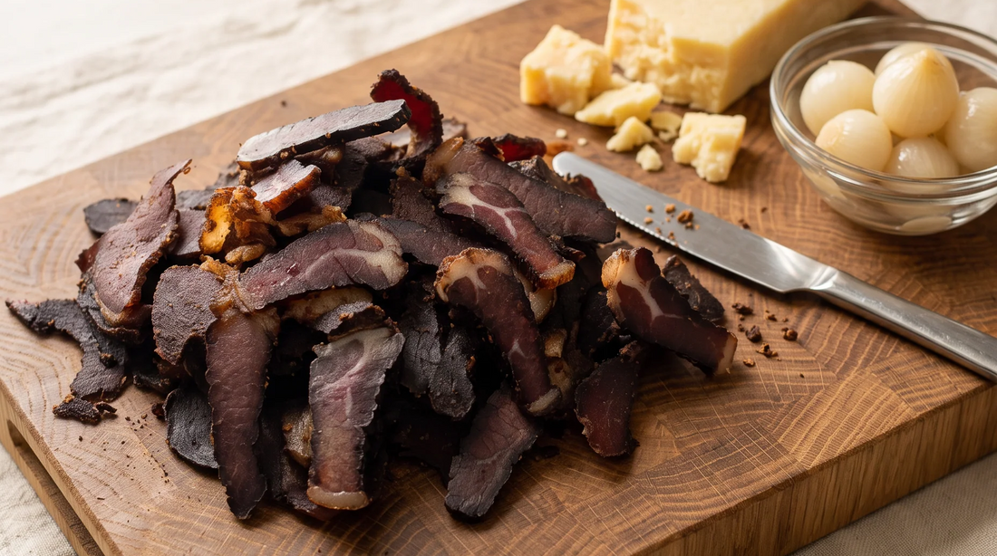 Sliced biltong and a whole stick on a wooden board, fat on